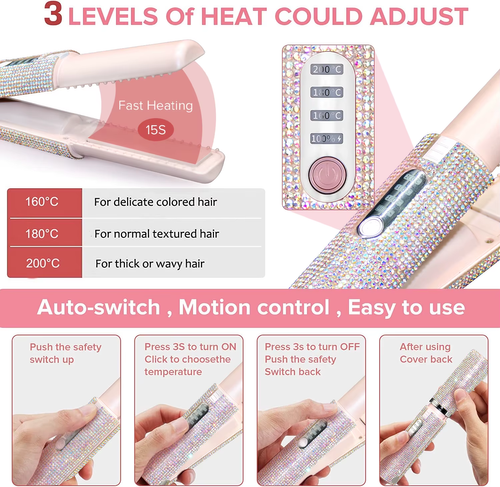 Best-Selling Mini Wireless Hair Straightener — Rechargeable, Portable USB Styling Tool | Dual-Use Straightener & Curler with Rhinestone Embellishments