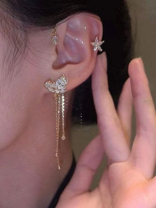 Left single Long Crystal Tassel Chain Clip Non Piercing Clip Ear-hook Cartilage Stars Ear Cuff Earrings