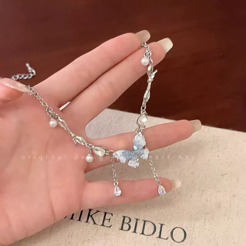 Ice Crystal Gradient Pearl Butterfly Tassel Necklace