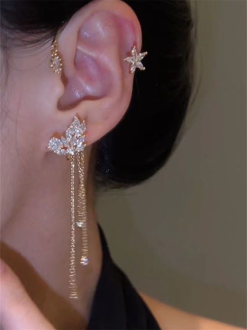 Left single Long Crystal Tassel Chain Clip Non Piercing Clip Ear-hook Cartilage Stars Ear Cuff Earrings