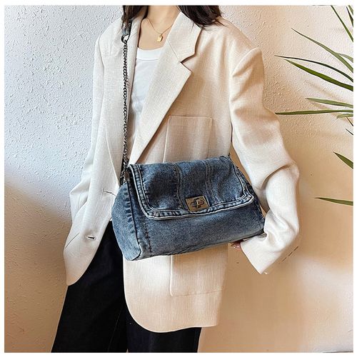 Retro casual denim bag High-end chain shoulder bag Large capacity commuter tote bag