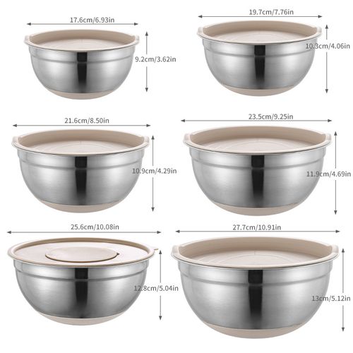 6 stainless steel salad bowls with khaki silicone bottom and non-slip lid set Baking mixing bowl