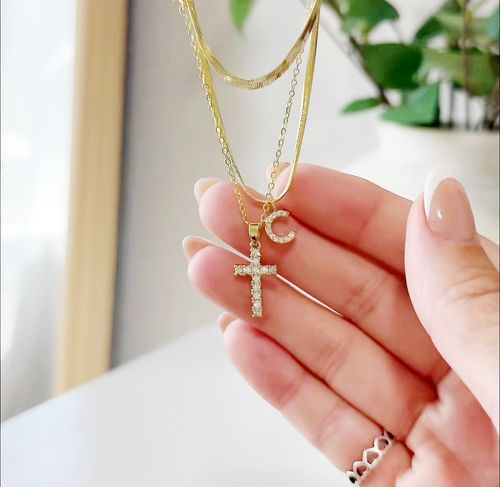 C letter necklace layered necklace set cross diamond pendant clavicle necklace for women