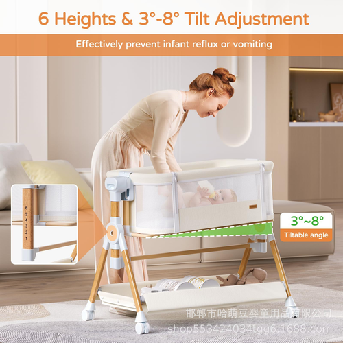 Baby crib bassinet, foldable, 6-position height adjustment, mobile, suitable for newborns and can be joined to a larger bed, portable.