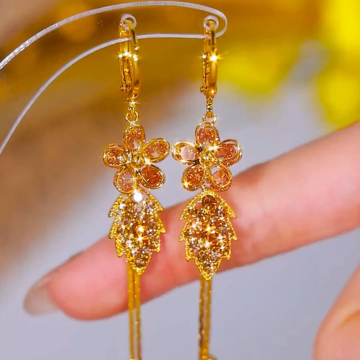 Silver Needle Shiny Diamond Zircon Purple Flower Leaf Tassel Earrings for Women Flower Zircon Tassel Hook Earrings