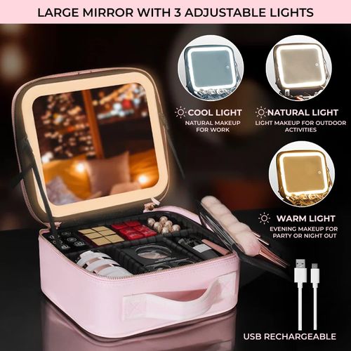 Large Capacity Portable Travel Makeup Storage Bag Fashion Cosmetic Box PU Makeup Bag with Led Mirror