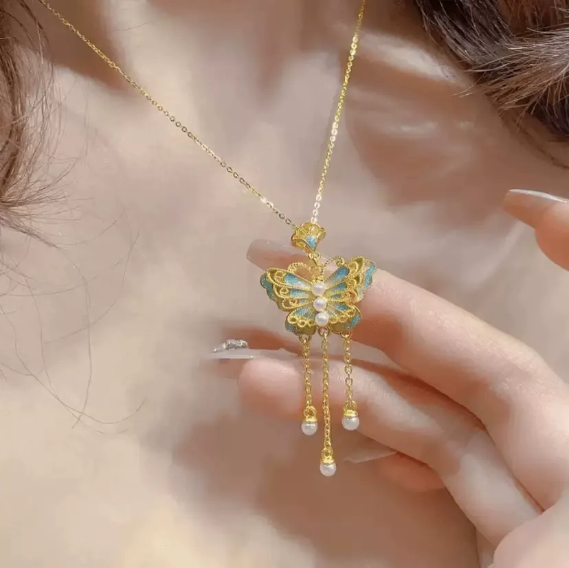 Butterfly Pearl Tassel Necklace for Women