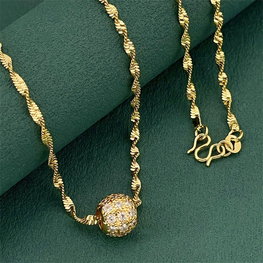 24K gold-plated necklace, copper base with vacuum plating, women's lucky bead necklace.