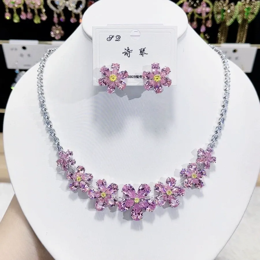 New Plum Blossom Zircon Luxury Necklace Earring Set