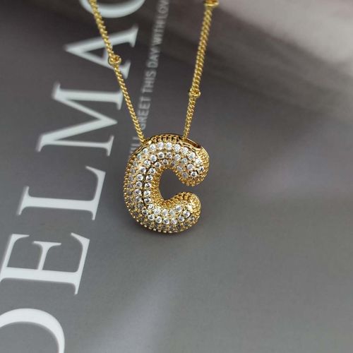 New Zircon Gold Plated Stainless Steel Chunky Alphabet Chubby Helium Balloon Bubble Initial Letter Pendant Necklace Jewelry