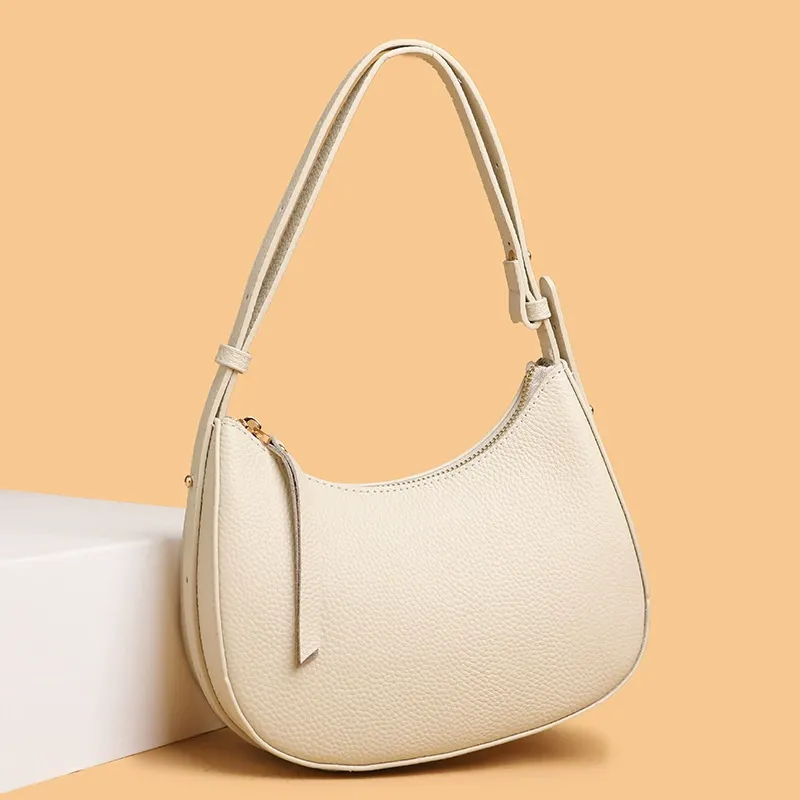 Top-grain cowhide baguette underarm bag, genuine leather handbag and shoulder bag for women