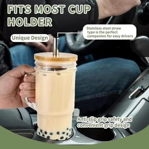 Transparent Glass Mason Cup with Bamboo Wood Lid 650ml Cross-Border Handle for Juice Milk Tea Cold Drinks with Straw