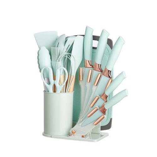 19-Piece Silicone Kitchen Utensils Set Cooking Spatula Spoon with Electroplating Head Cutter Acrylic Knife Holder Storage Bucket