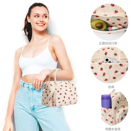 Ladies Strawberry Corduroy Insulated Lunch Bag for Women Adults Fashion Portable Thermal Cooling Bag Cotton Fitness