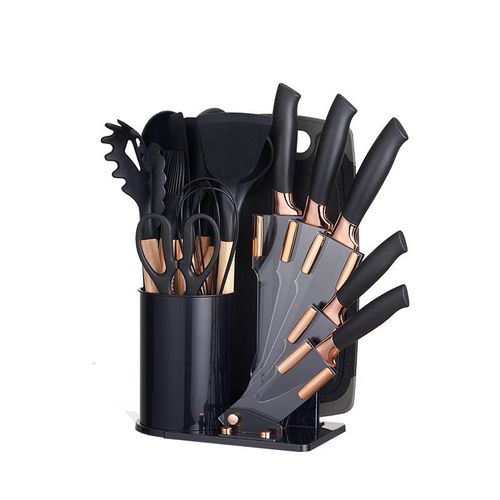 19-Piece Silicone Kitchen Utensils Set Cooking Spatula Spoon with Electroplating Head Cutter Acrylic Knife Holder Storage Bucket