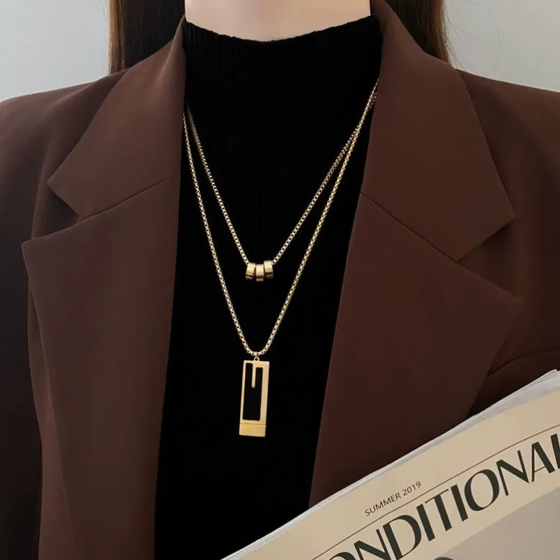 High-end double-layer sweater chain Fashionable titanium steel necklace