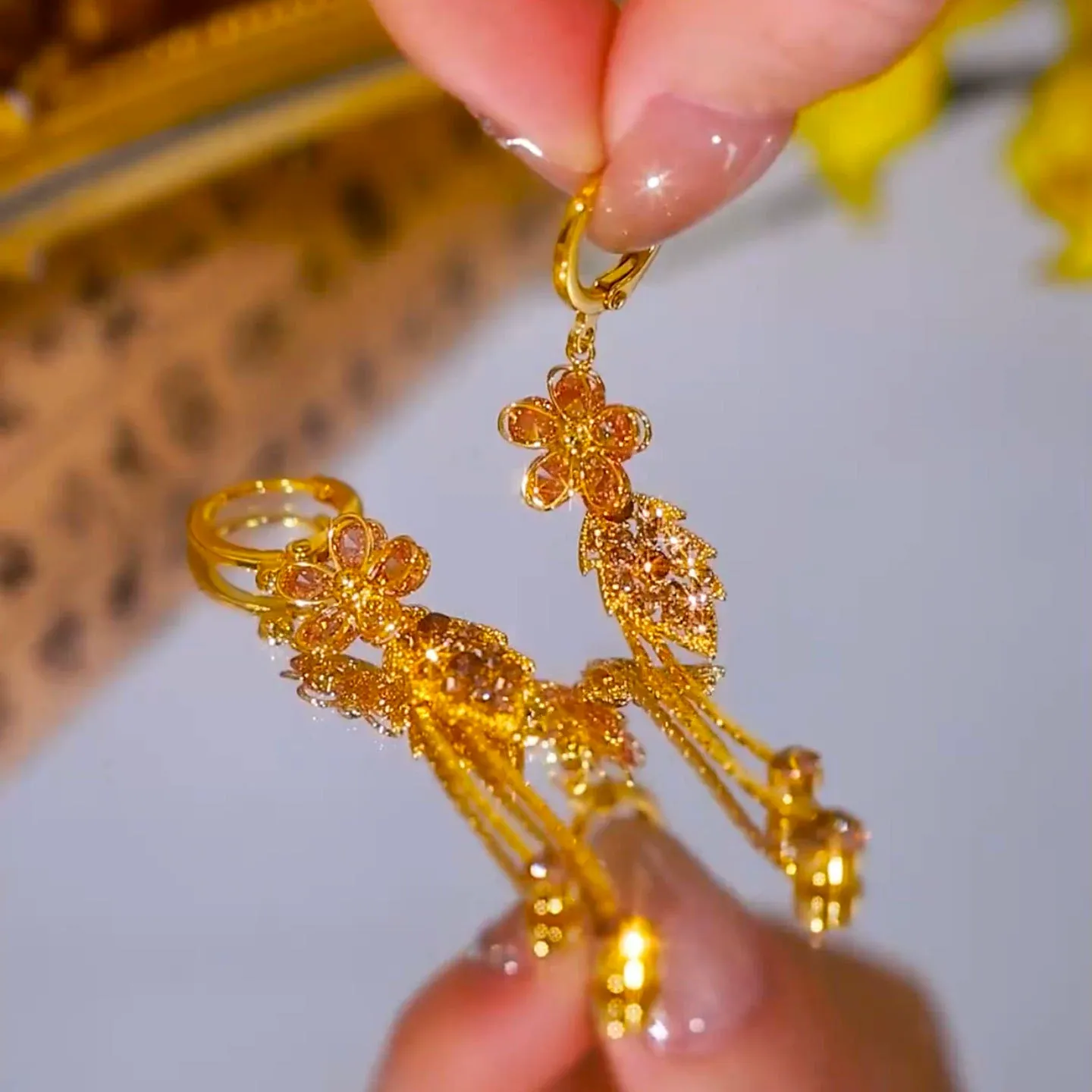 Silver Needle Shiny Diamond Zircon Purple Flower Leaf Tassel Earrings for Women Flower Zircon Tassel Hook Earrings