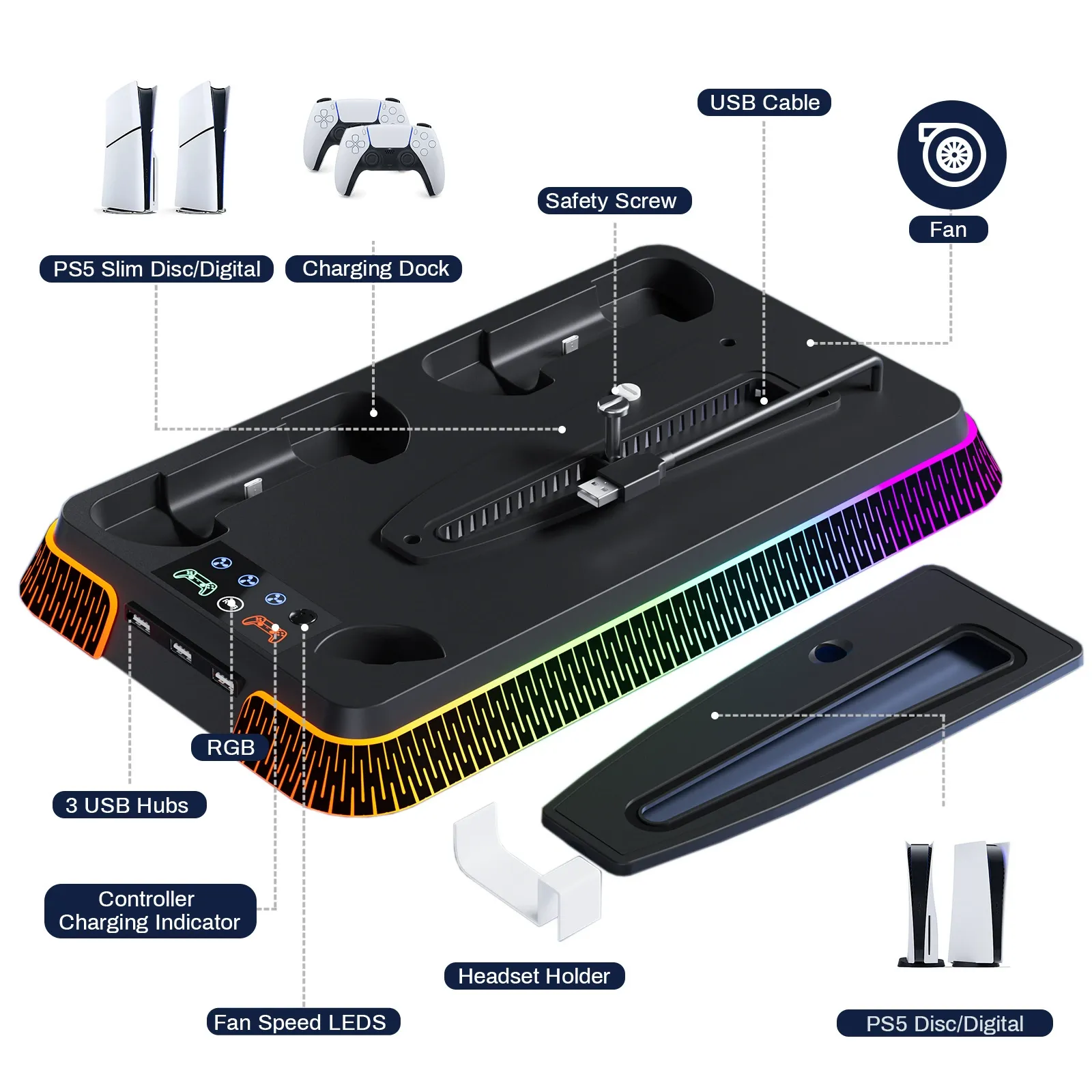 for Play Station5 Gaming Accessories With RGB Light Charging Station Stand for PS5 Slim Game Controller Cooling Fan