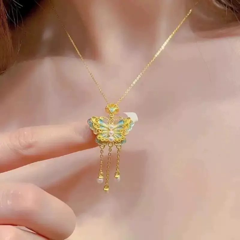 Butterfly Pearl Tassel Necklace for Women