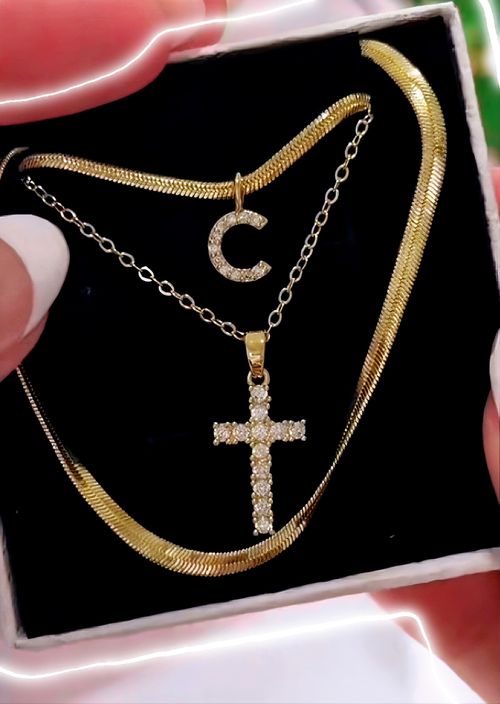 C letter necklace layered necklace set cross diamond pendant clavicle necklace for women