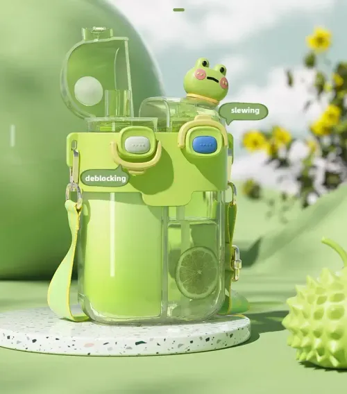 Wholesale Kids Cute Double Straw Cup Kettle Portable Kids Cartoon Plastic Straws Water Bottle
