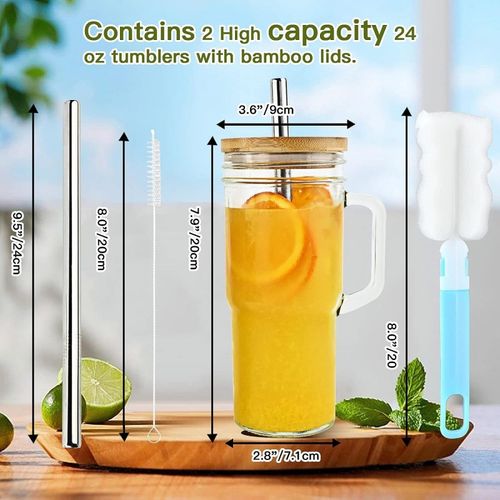 Transparent Glass Mason Cup with Bamboo Wood Lid 650ml Cross-Border Handle for Juice Milk Tea Cold Drinks with Straw