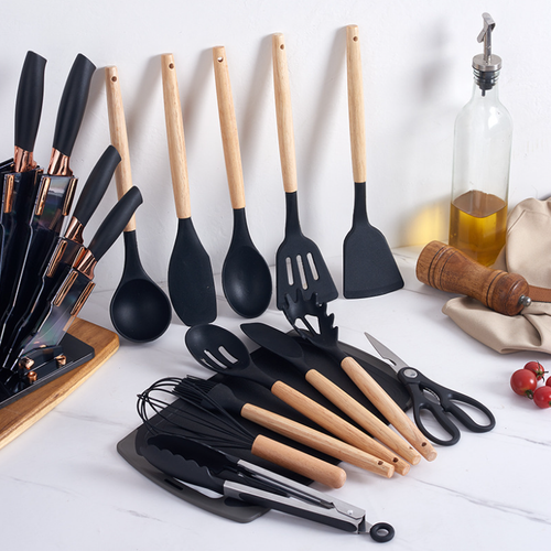 19-Piece Silicone Kitchen Utensils Set Cooking Spatula Spoon with Electroplating Head Cutter Acrylic Knife Holder Storage Bucket