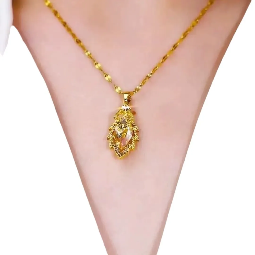 Titanium steel delicate zircon leaf pendant necklace for women.