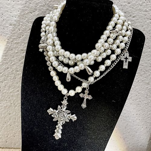 Trendy Layered Cross Pearl Choker - Sweet - Edgy Style