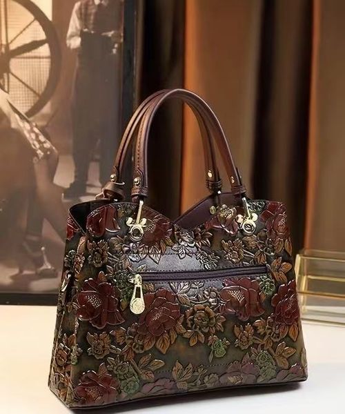 Vintage Flower Pattern Handbag, Luxury PU Leather Tote Bag, Fashion Crossbody Bag for Women