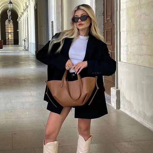 French Style Large Capacity Women's Shoulder Bag PU Leather with  Portable Boat Bag for Commuting Tote Bag