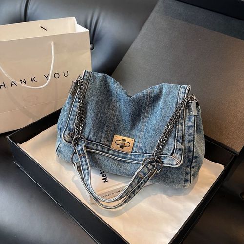 Retro casual denim bag High-end chain shoulder bag Large capacity commuter tote bag