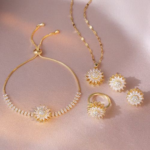 Sunflower flower zircon rotating three-piece set jewelry earrings bracelet ring