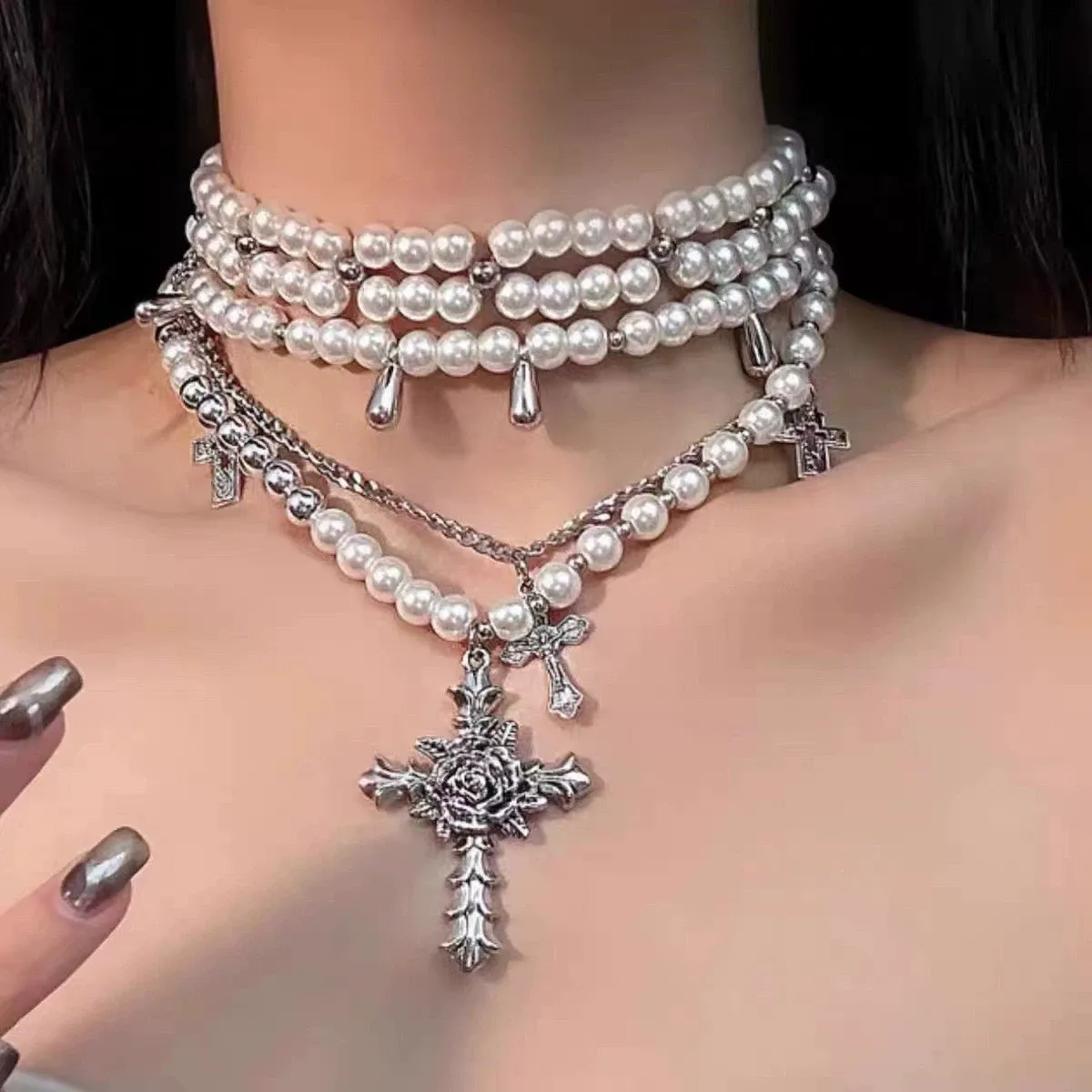 Trendy Layered Cross Pearl Choker - Sweet - Edgy Style