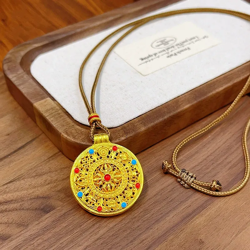 Eight Treasures Compass Pendant Necklace Gold-plated Copper Five Blessings Enamel Ruyi Necklace