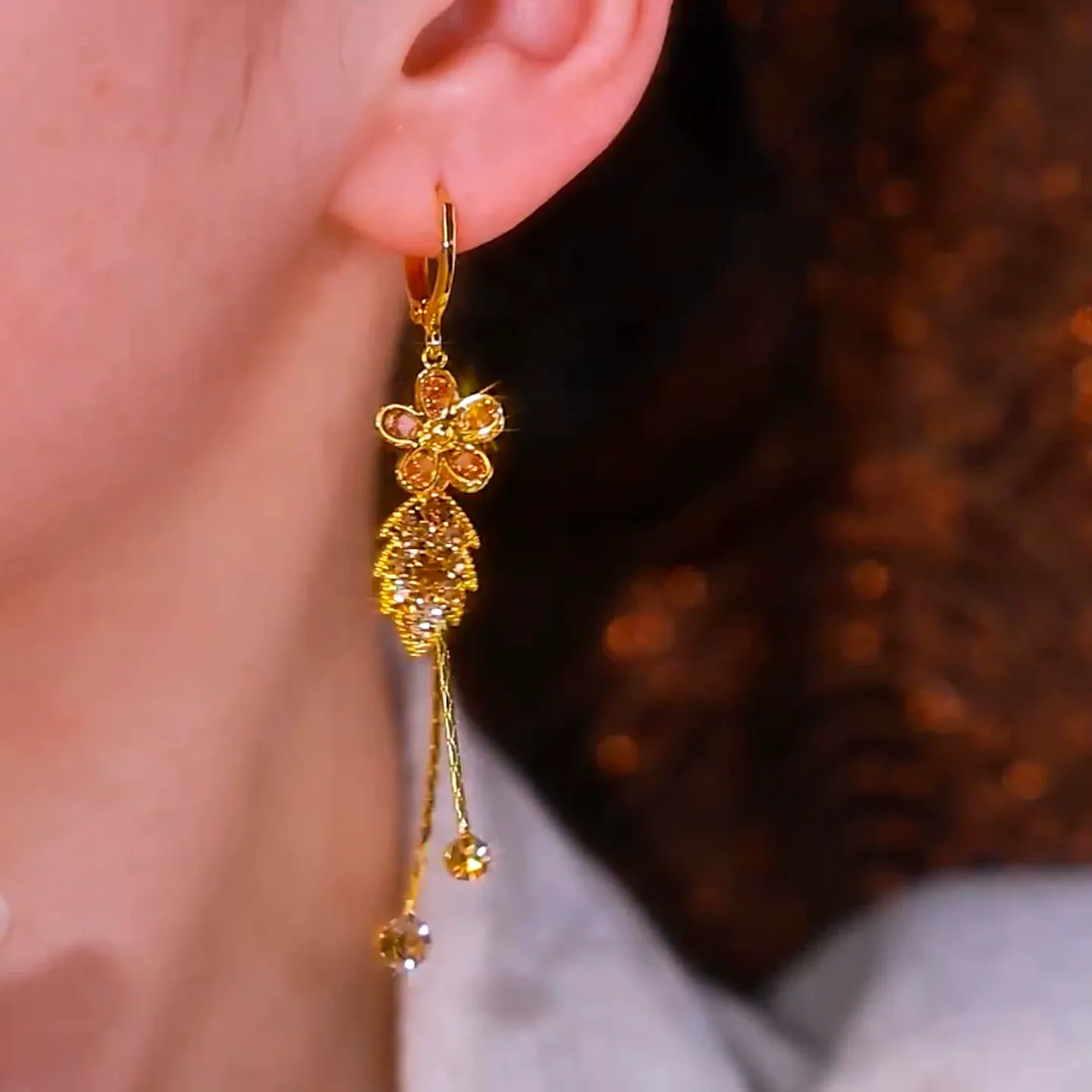 Silver Needle Shiny Diamond Zircon Purple Flower Leaf Tassel Earrings for Women Flower Zircon Tassel Hook Earrings