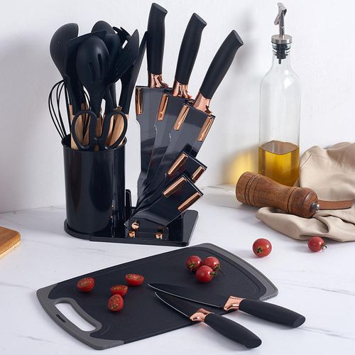 19-Piece Silicone Kitchen Utensils Set Cooking Spatula Spoon with Electroplating Head Cutter Acrylic Knife Holder Storage Bucket