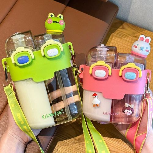 Wholesale Kids Cute Double Straw Cup Kettle Portable Kids Cartoon Plastic Straws Water Bottle