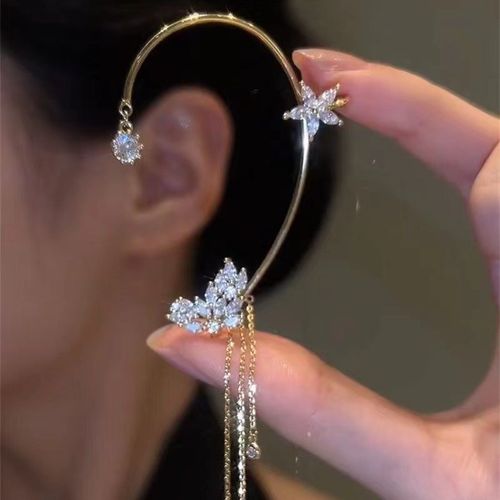 Left single Long Crystal Tassel Chain Clip Non Piercing Clip Ear-hook Cartilage Stars Ear Cuff Earrings