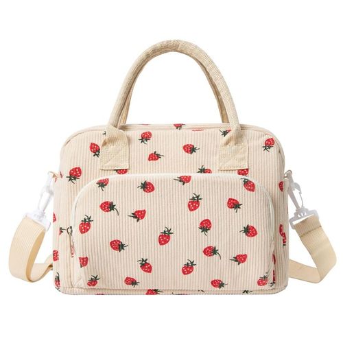 Ladies Strawberry Corduroy Insulated Lunch Bag for Women Adults Fashion Portable Thermal Cooling Bag Cotton Fitness