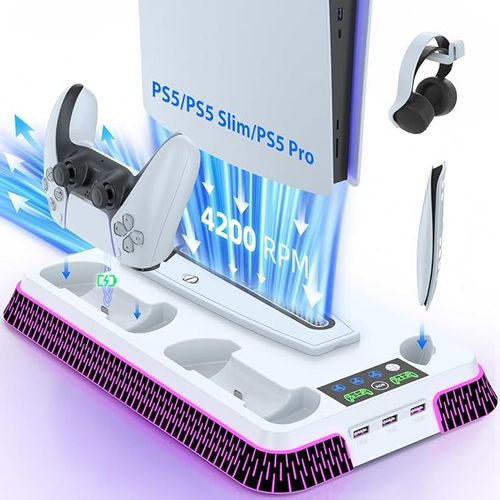 for Play Station5 Gaming Accessories With RGB Light Charging Station Stand for PS5 Slim Game Controller Cooling Fan