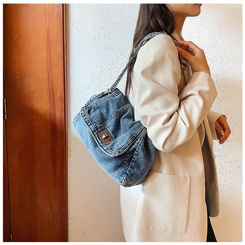 Retro casual denim bag High-end chain shoulder bag Large capacity commuter tote bag