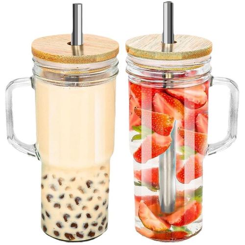 Transparent Glass Mason Cup with Bamboo Wood Lid 650ml Cross-Border Handle for Juice Milk Tea Cold Drinks with Straw