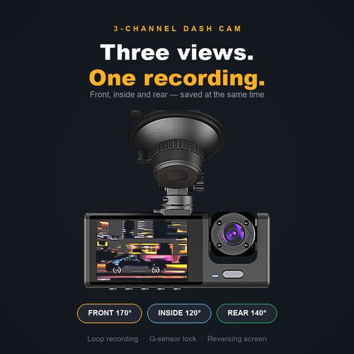 3-Channel Dash Cam — Front 1080P + Cabin + Rear, Loop Recording & Night Vision