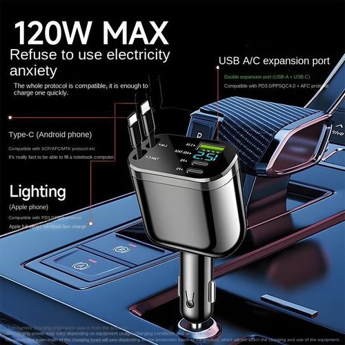 120W Super Fast Car Charger | 5 in 1 Retractable Cable | Free Delivery