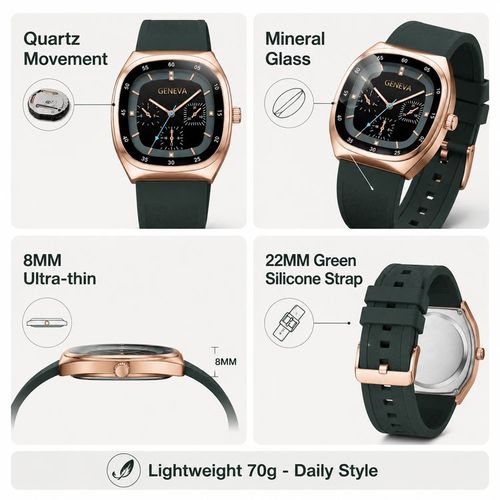First Batch — Ion-Plated Rose Gold Square Watch with Green Strap | Free Delivery