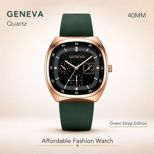 First Batch — Ion-Plated Rose Gold Square Watch with Green Strap | 🚚 Free Delivery