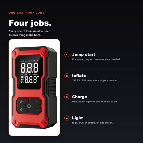 Jump Starter + Air Compressor — 12V, 150 PSI. 50% OFF today only.