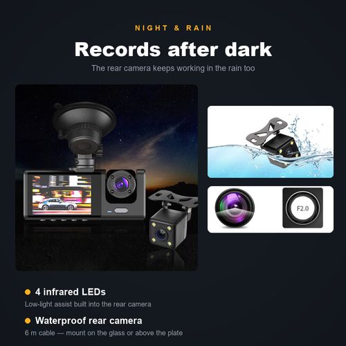 3-Channel Dash Cam — Front 1080P + Cabin + Rear, Loop Recording & Night Vision