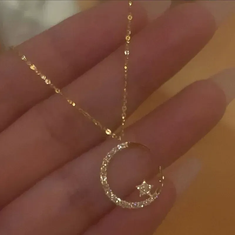 Elegant Star & Moon Pendant Necklace for Women - Dazzling Delicate Collarbone Chain, Unique Minimalist Design, Luxury Jewelry Gift for Girlfriend, Sparkling Statement Necklaces delivery in 3 days